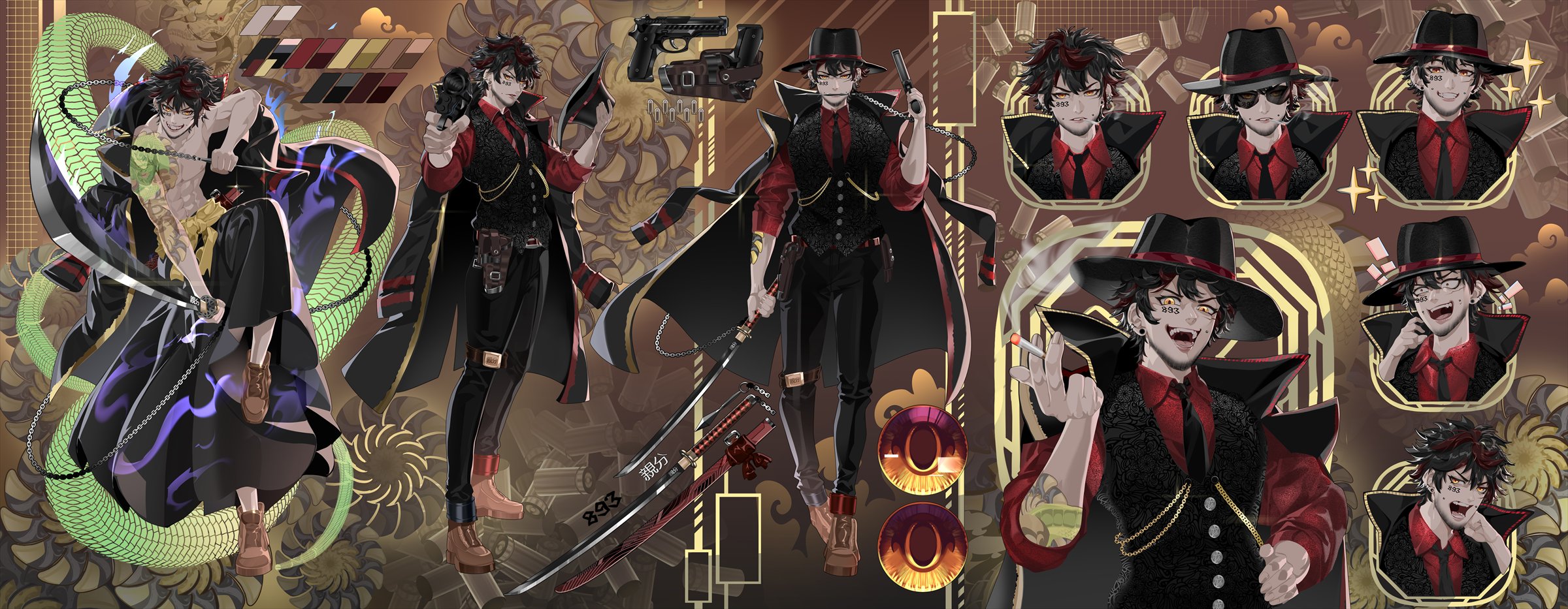 Charakterdesign von Tiex_Oyabun mit Outfits, Ausdrücken und Details.